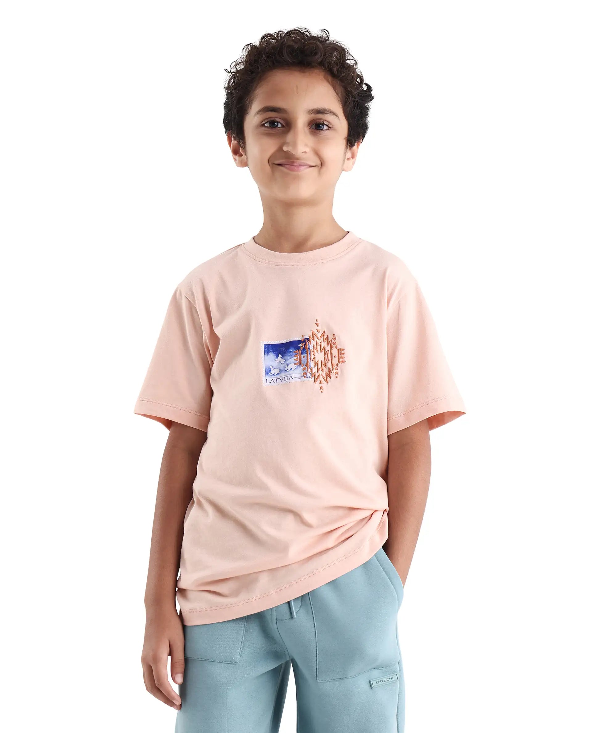 Rare Ones Kids Kyon Light Peach Cotton Graphic Print Regular Fit T-Shirt