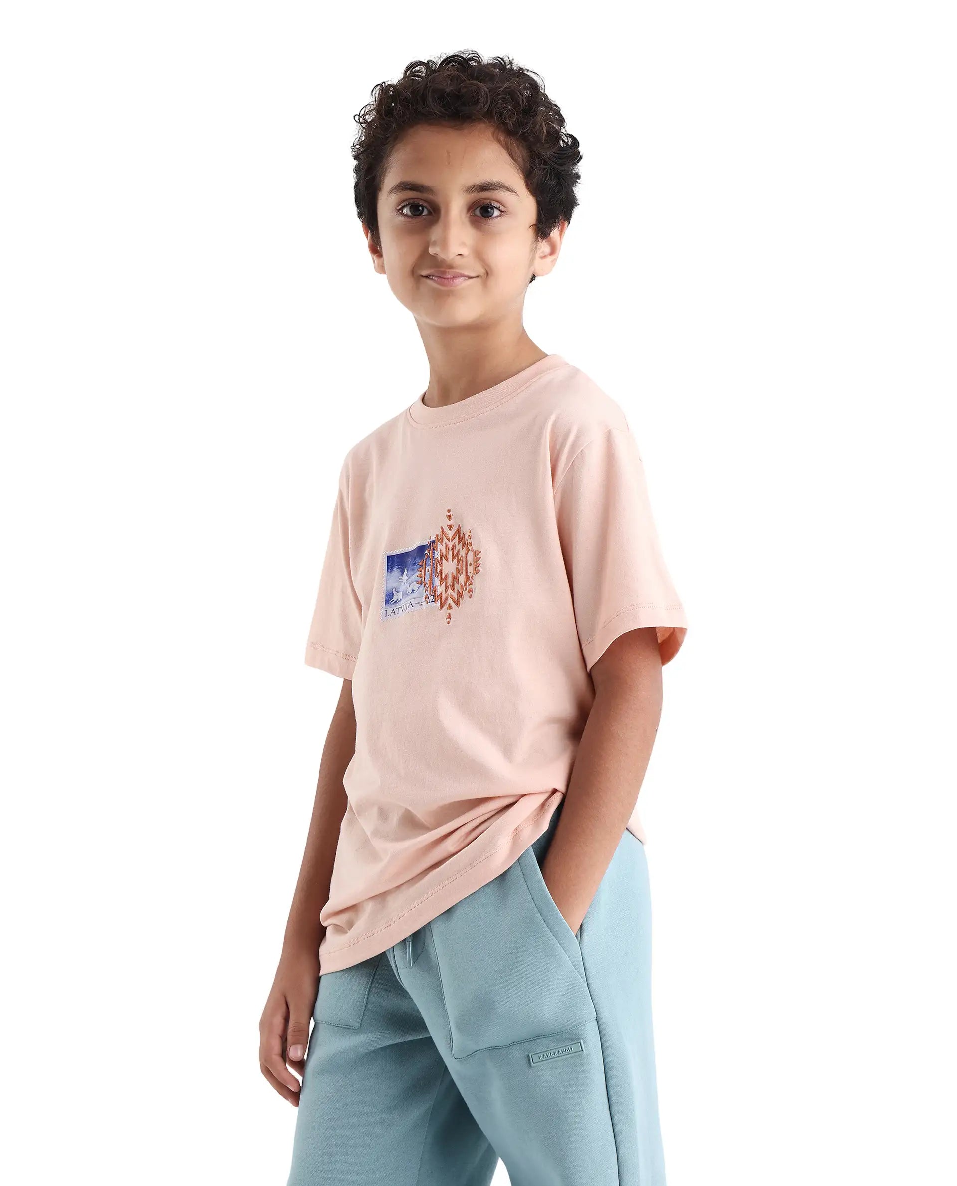 Rare Ones Kids Kyon Light Peach Cotton Graphic Print Regular Fit T-Shirt
