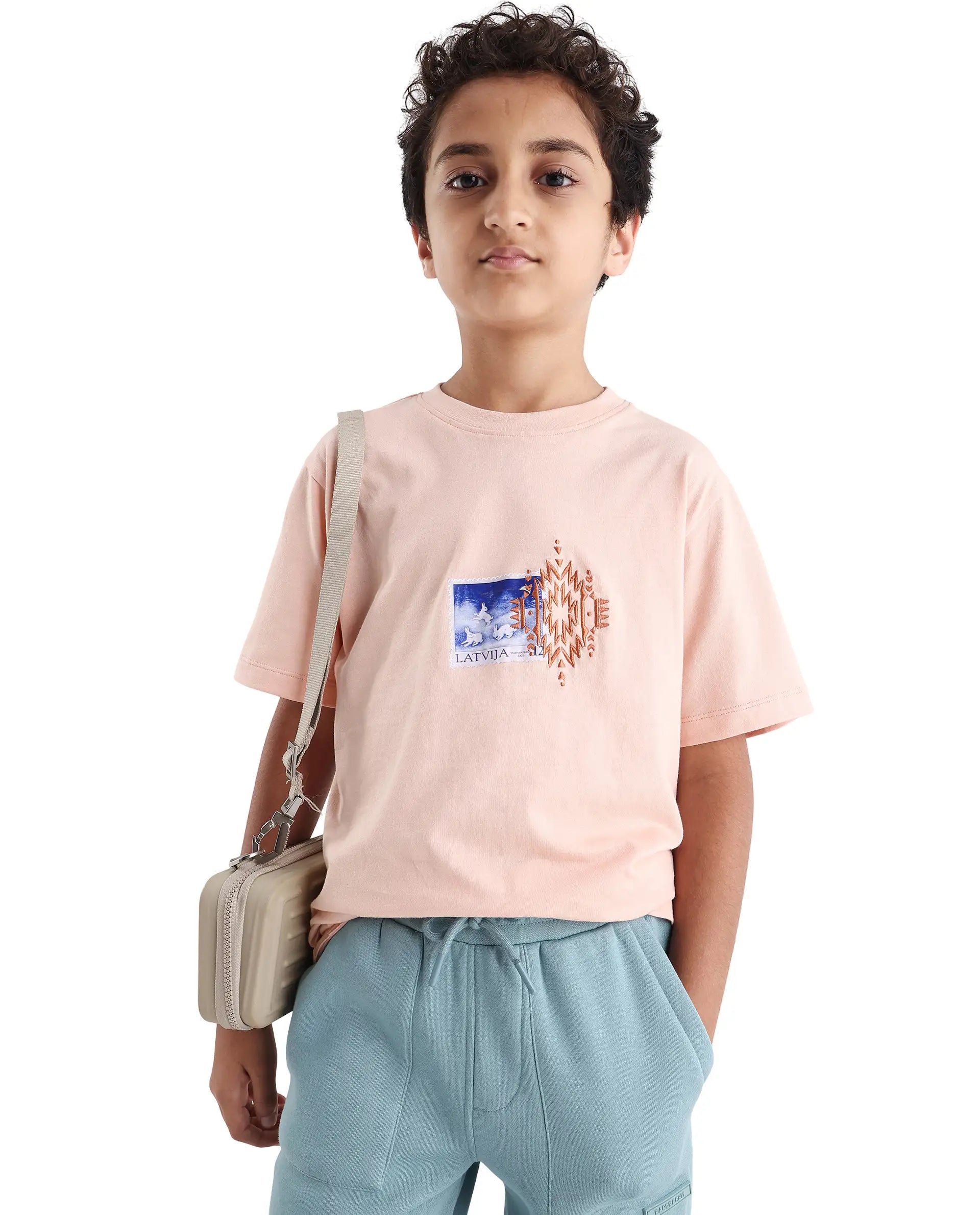 Rare Ones Kids Kyon Light Peach Cotton Graphic Print Regular Fit T-Shirt