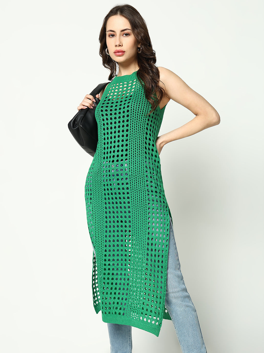 Women's Green Round Neck Sleeveless Longline Crochet Top
