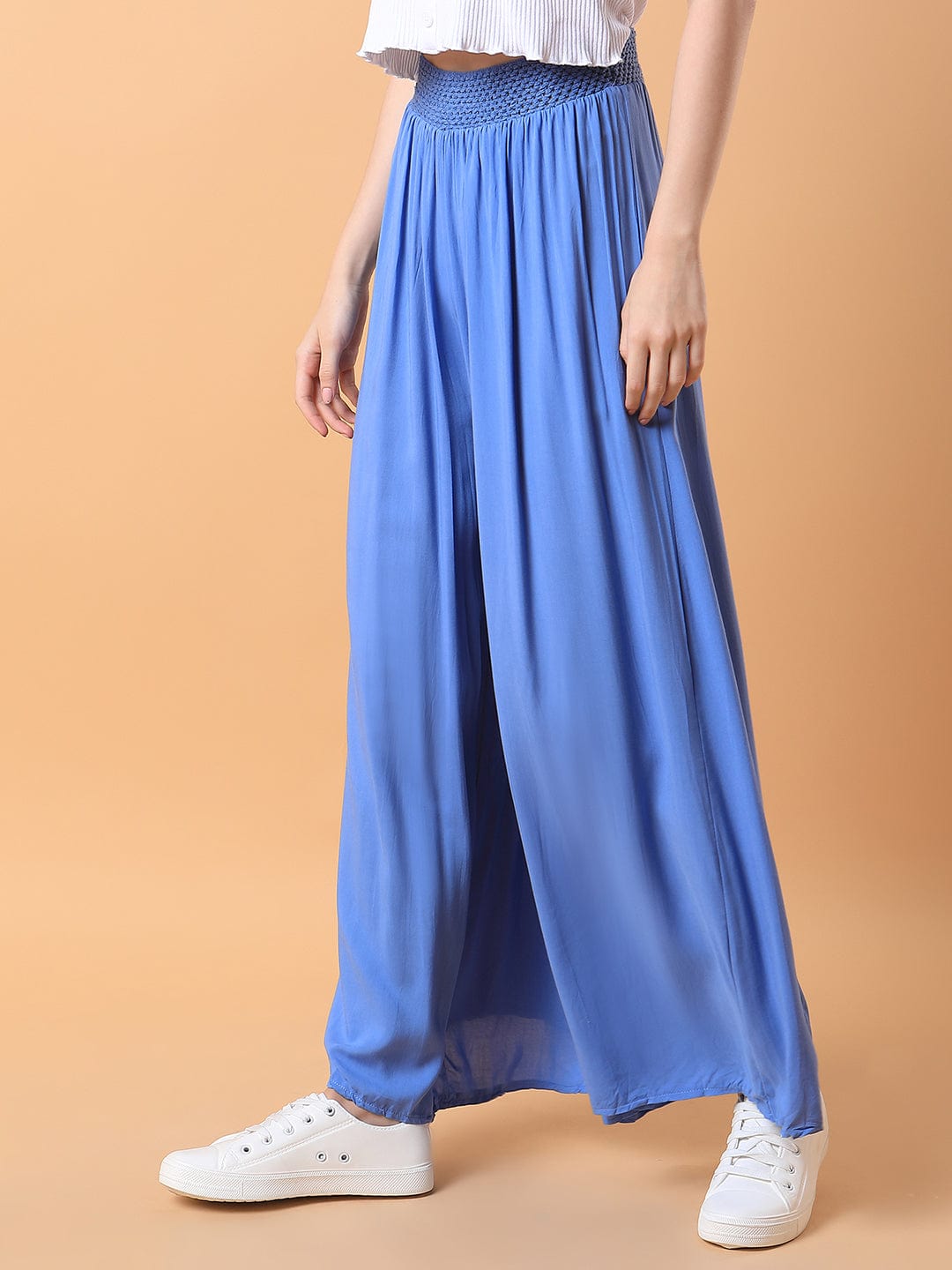 Women's Blue Comfort Loose Fit Pleated Trousers