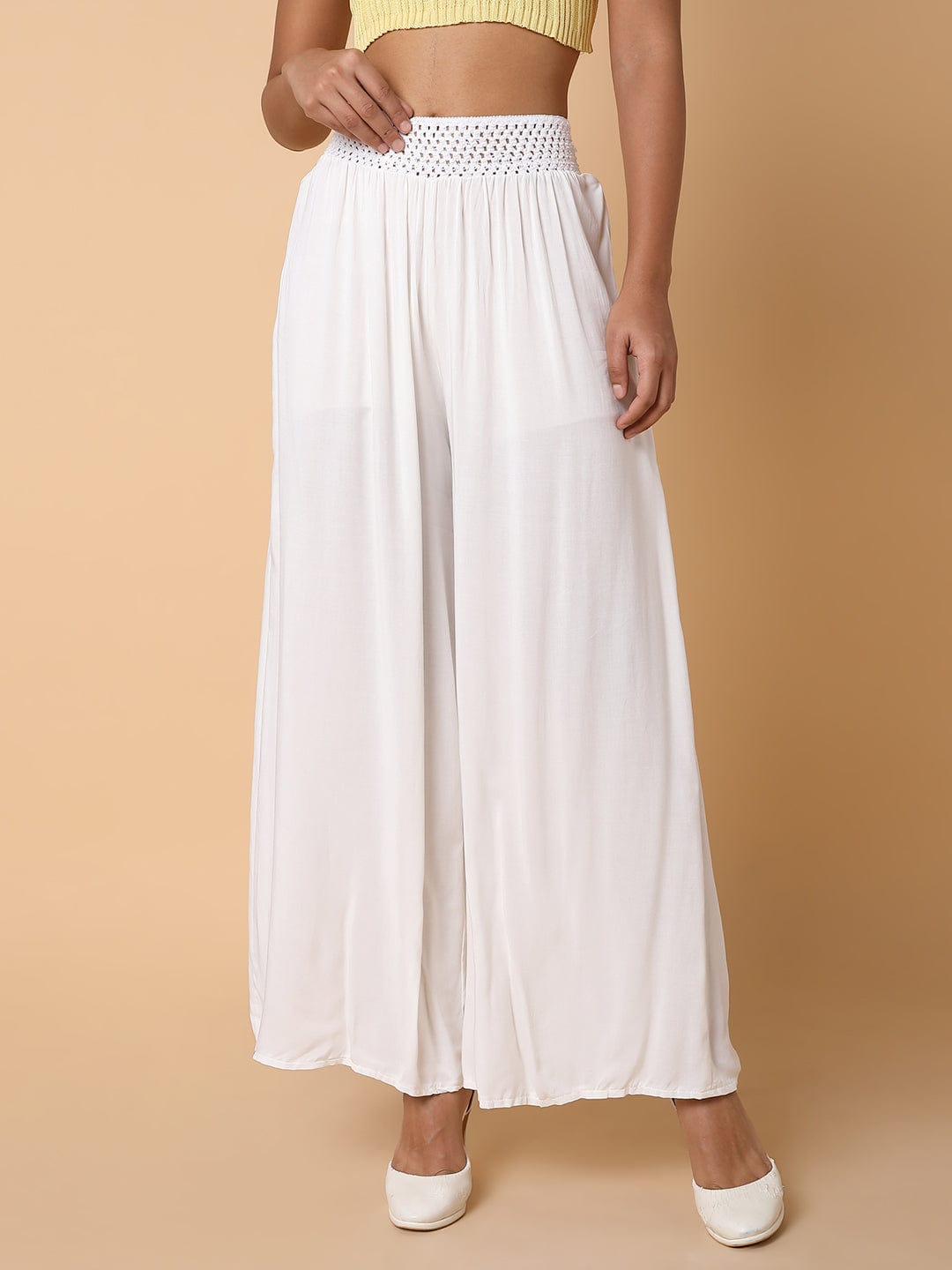 Women's White Cotton Comfort Loose Fit Trousers