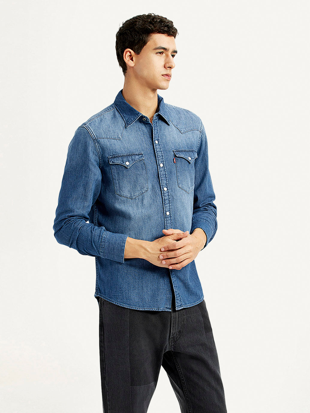 Men's Solid Blue Slim Fit Denim Shirt