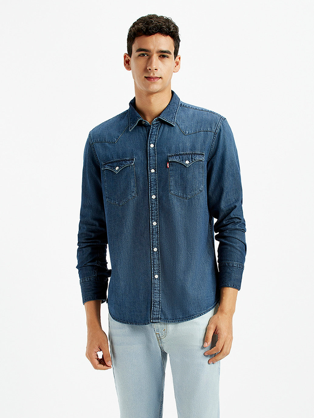 Men's Solid Dark Blue Slim Fit Denim Shirt
