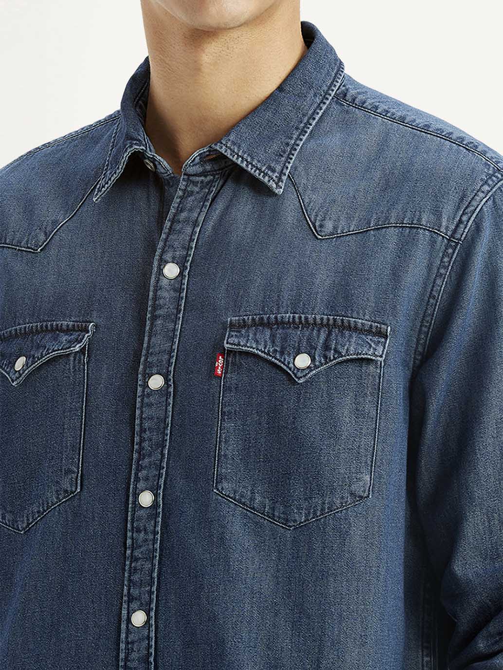 Men's Solid Dark Blue Slim Fit Denim Shirt