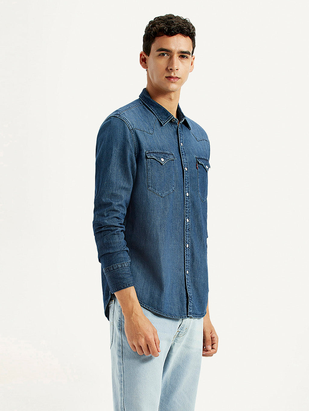 Men's Solid Dark Blue Slim Fit Denim Shirt