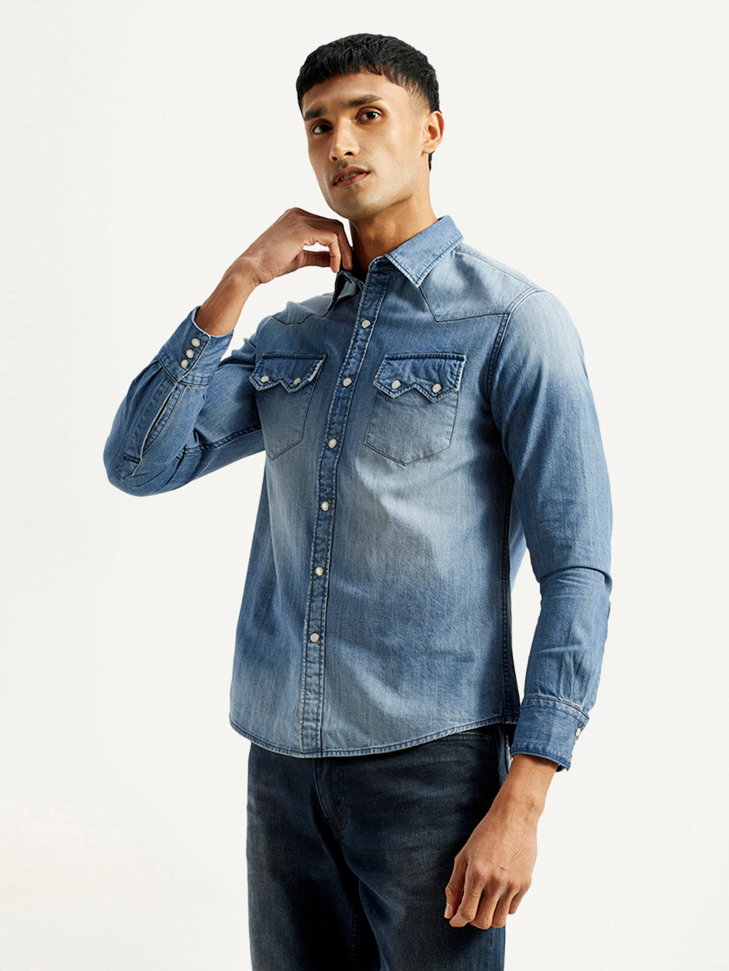 Men's Solid Light Blue Slim Fit Denim Shirt