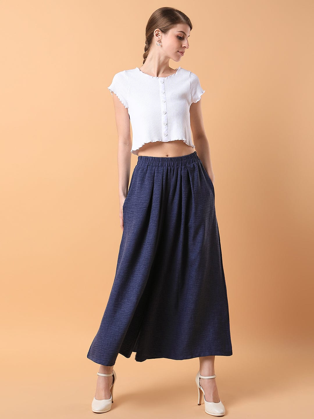 Women's Navy Blue Comfort Loose Fit Pleated Culottes Trousers