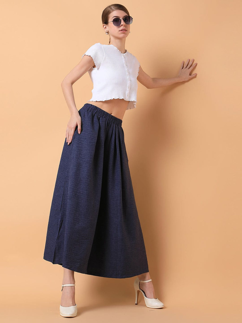 Women's Navy Blue Comfort Loose Fit Pleated Culottes Trousers