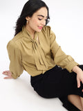 Women's Khaki Solid Tie-Up Neck Satin Top