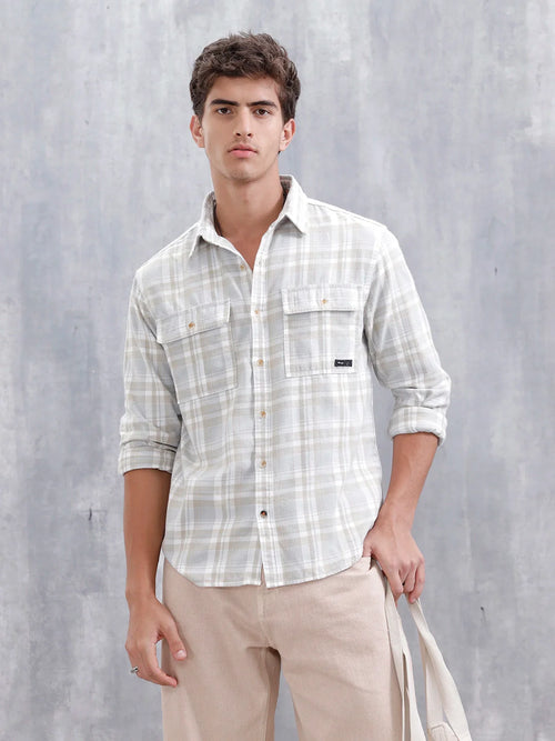Men Checkered Pattern Comfort Fit Shirt  | Beige