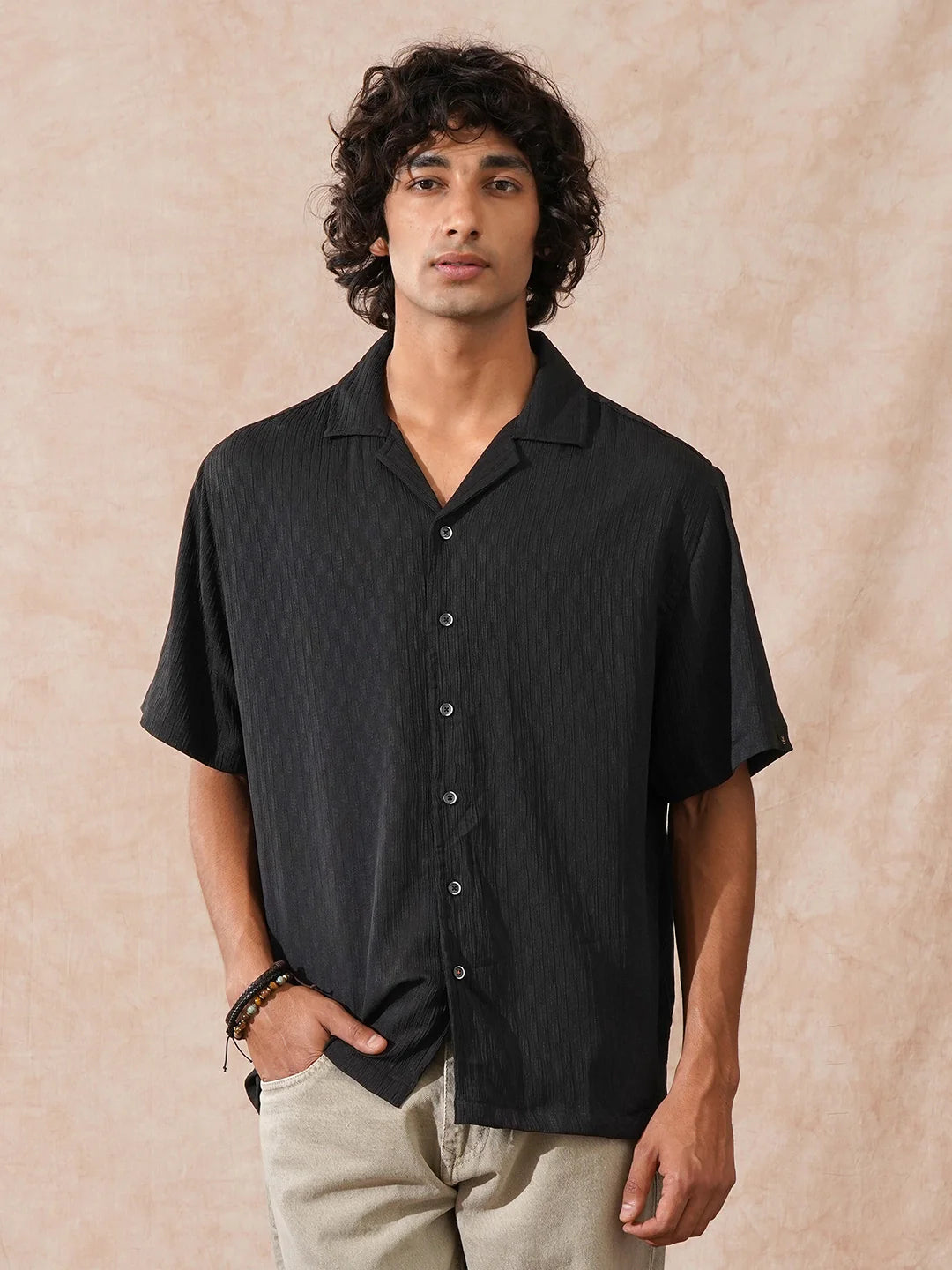 Textured Resort Collar Shirt | Black