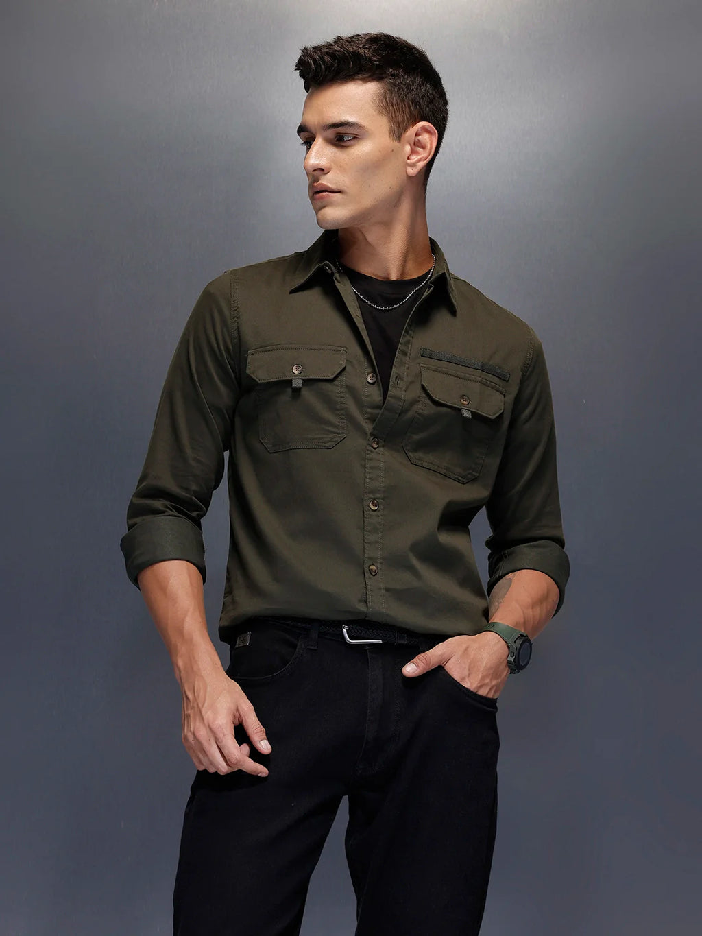 Men's structured shirt with pocket styling | Olive