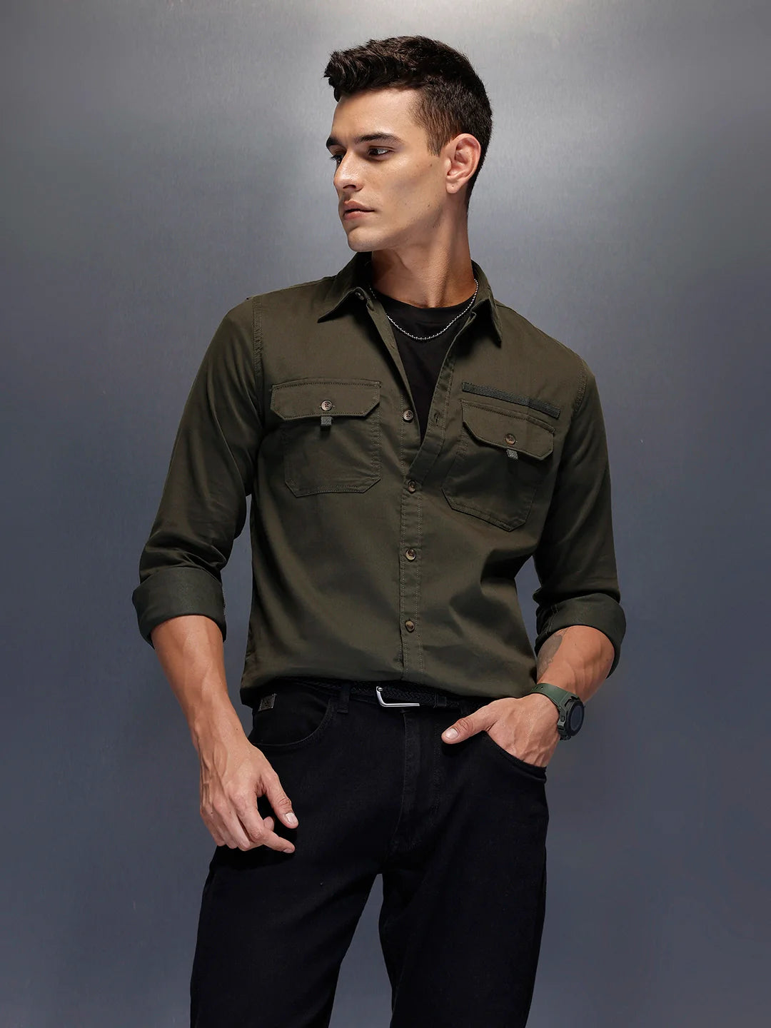 Men's structured shirt with pocket styling | Olive