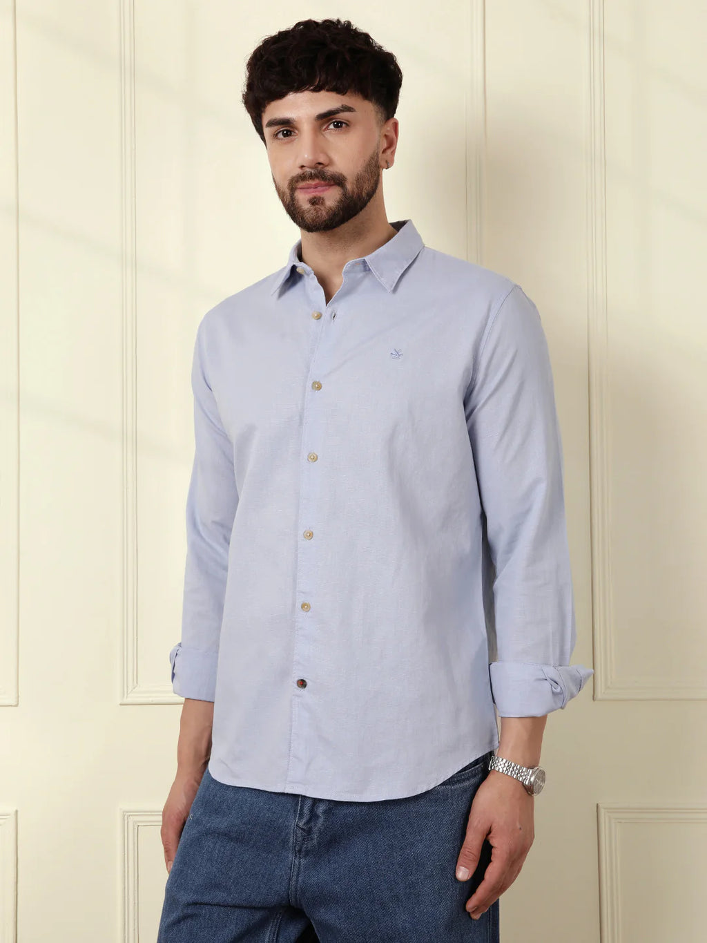 Solid Linen Blend Shirt | Blue