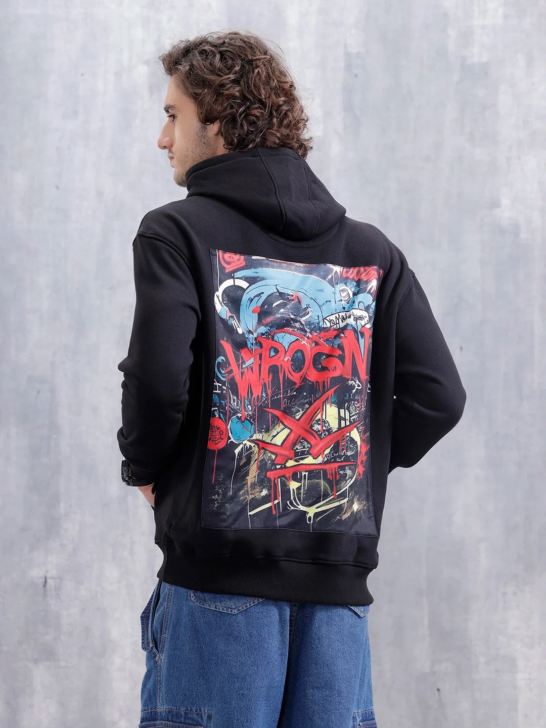 Graffiti Patch Oversized Brushed Fleece Hoodie | Black