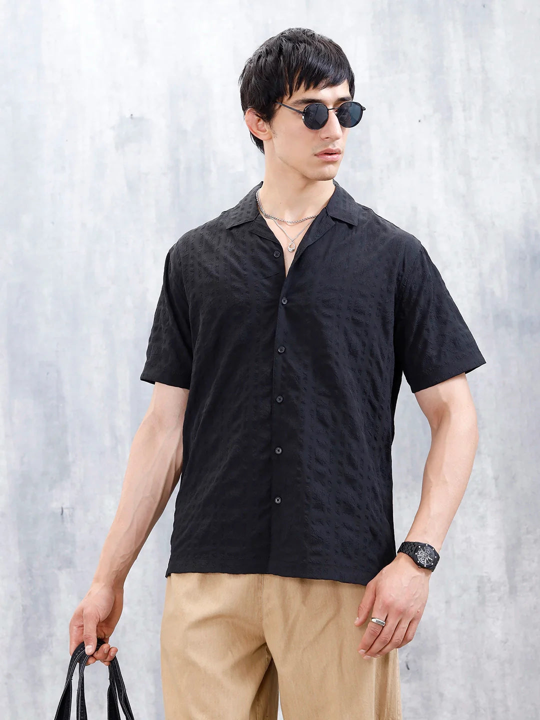 Wrogn Mens Casual Textured Comfort Fit Shirt | Black