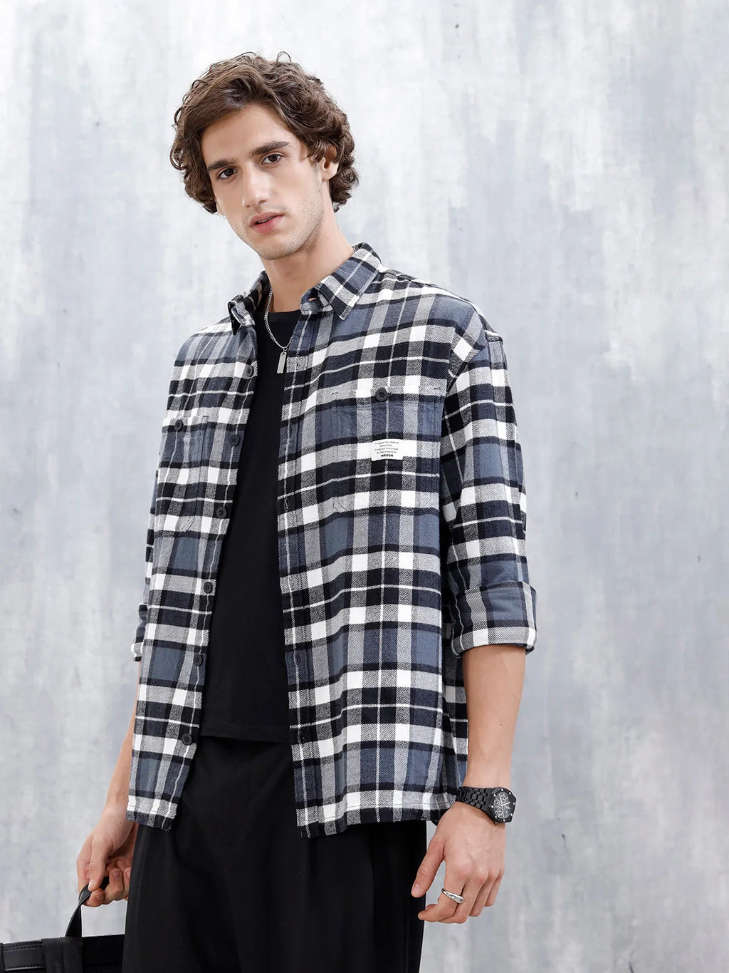 Wrogn Men's Oversized Checks Shirt | Grey