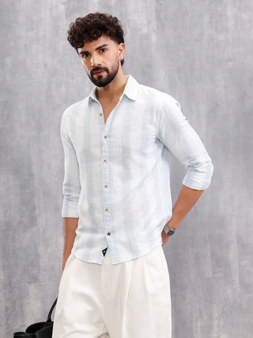 Herrinbone Stripe Light Weight Shirt | Blue