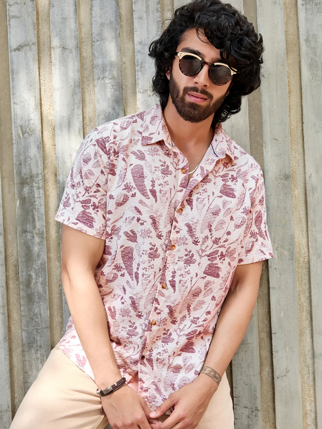 Textured Cotton Dobby AOP shirt | Maroon