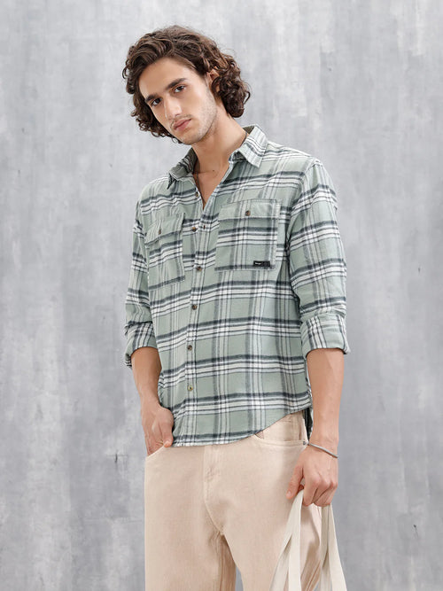 Comfort Fit Checkered Pattern Shirt With Double Pockets | Green