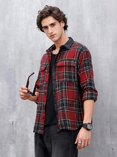 Casual Oversized Fit Checkered Pattern Shirt | Red