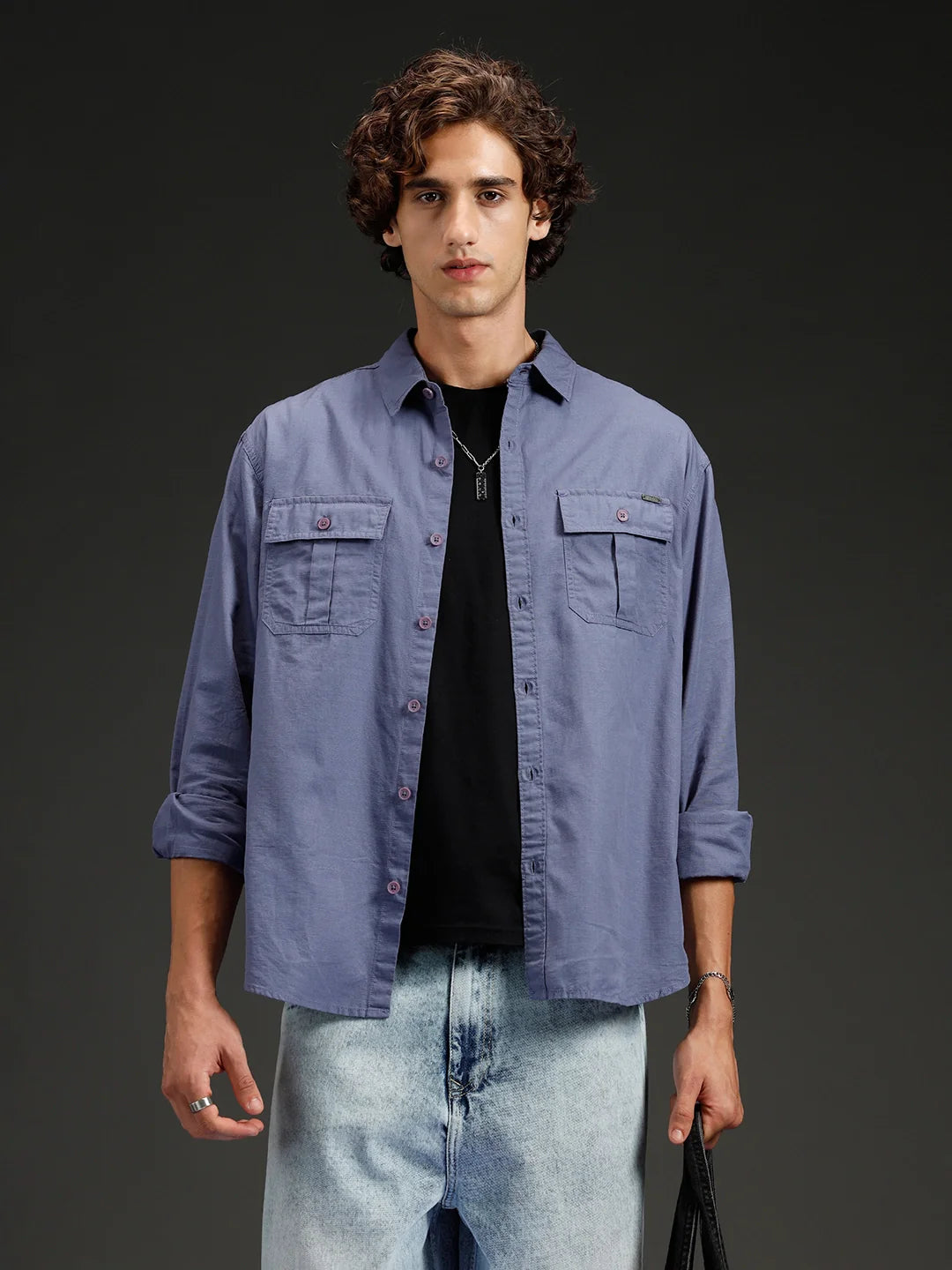 Wrogn Men's Casual Comfort Fit Double Pocket Shirt | Grey