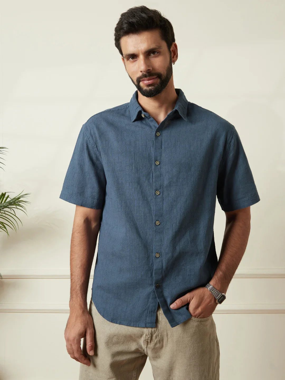 Textured Cotton Slim Fit Shirt | Blue