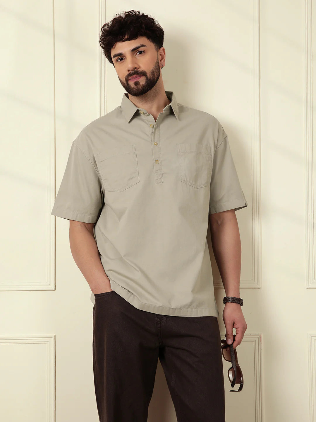 Popover Oversized Fit Shirt | Brown