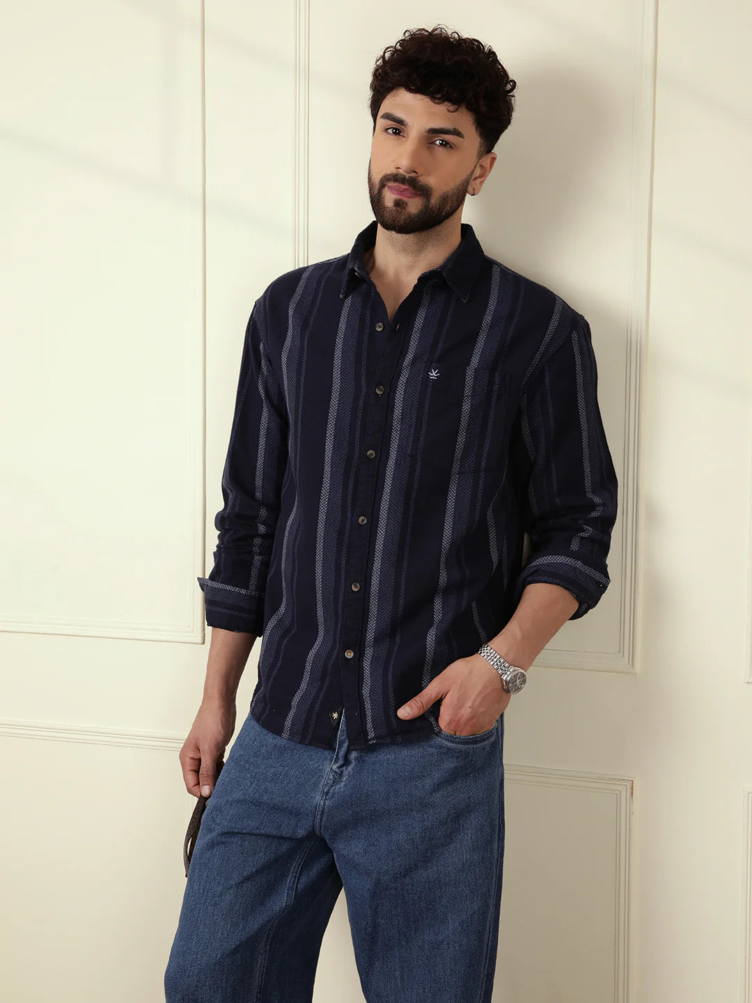 Textured Stripes Comfort Fit Shirt | Navy Blue