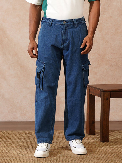 Faded Loose Fit Cargo Jeans | Blue