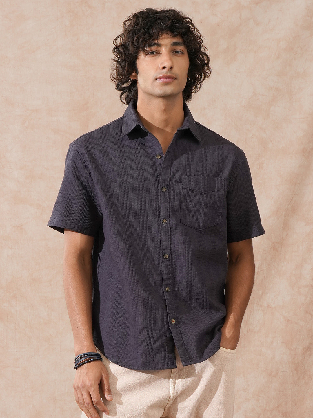 Waffle Textured Comfort Fit Shirt | Dark Grey
