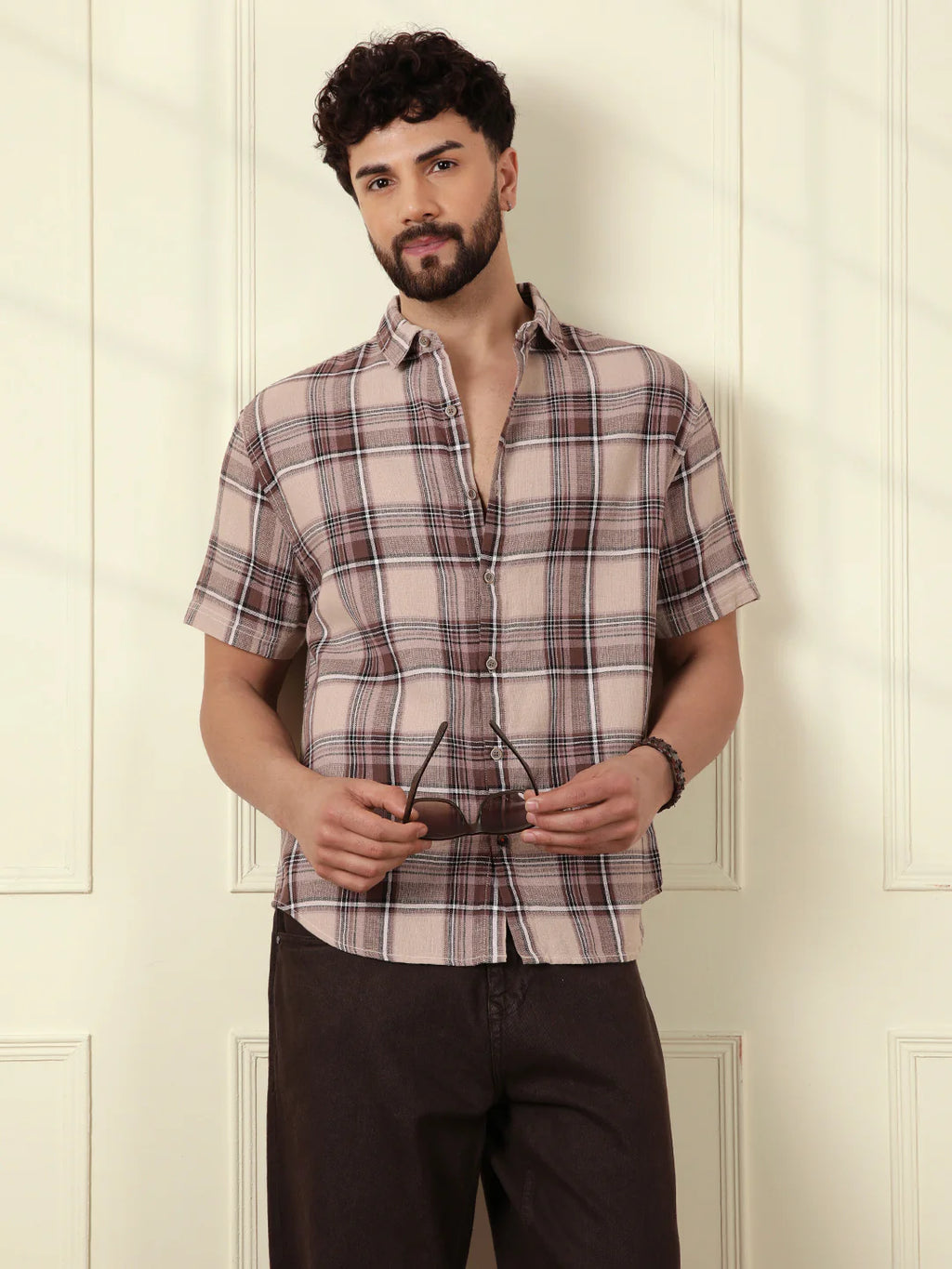 Checked Open Dobby Shirt | Brown