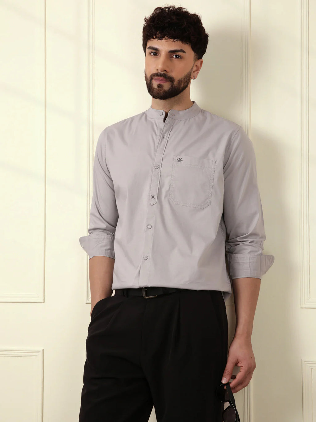 Grey Oxford Mandarin Collar Shirt