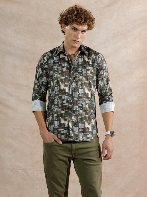 Flowy AOP Slim Fit Shirt | Dark Olive