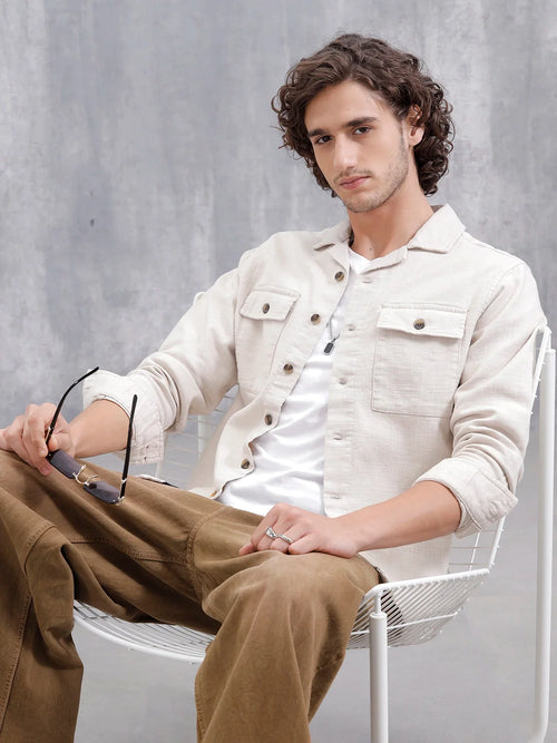 Cotton Slub Overshirt In Regular Fit | Beige