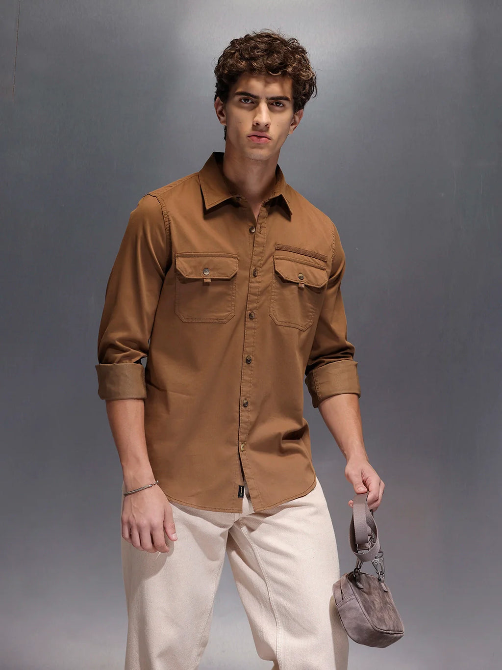 Men's Slim Fit Casual Shirt with Double Pocket  |  Khaki