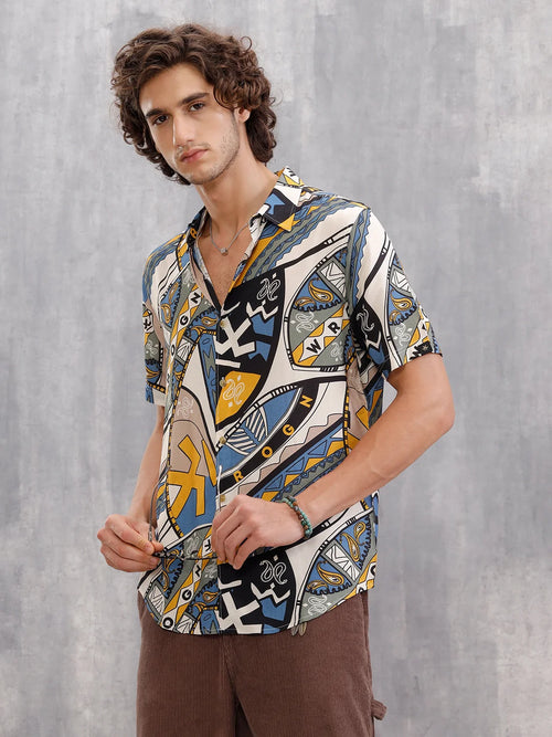Fluid Viscose Shirt With Abstract Aop  |  Blue