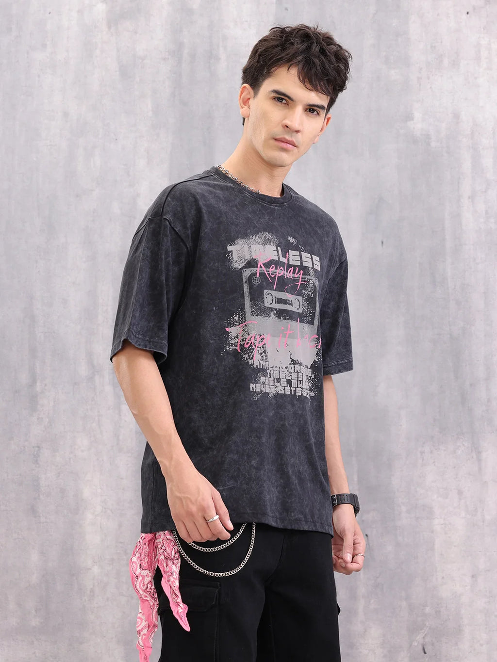 Acid Wash Graphic Printed Oversized Fit T-Shirt | Black
