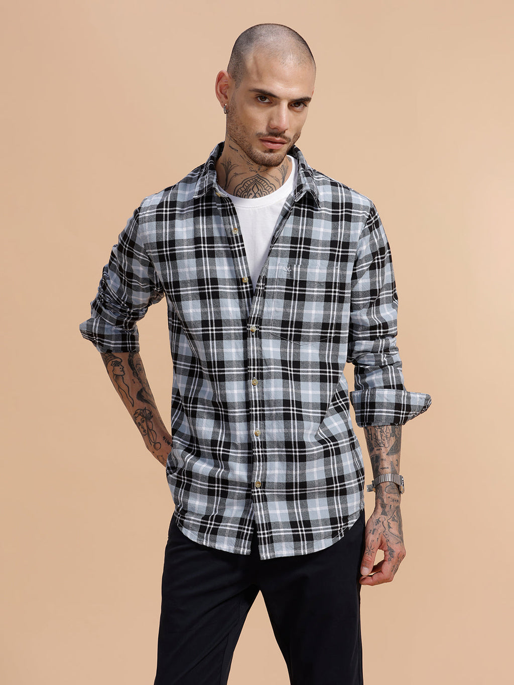 Checked Full Sleeve Cotton Shirt | Light Blue