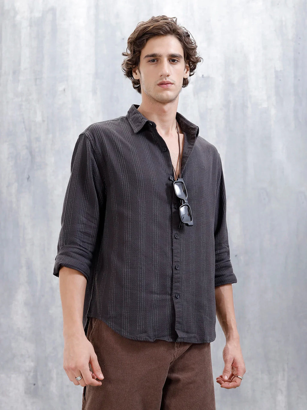 Wrogn Men's Self Stripe Structured Shirt  | Dark Grey