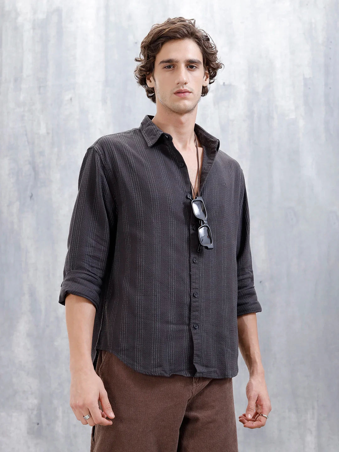 Wrogn Men's Self Stripe Structured Shirt  | Dark Grey