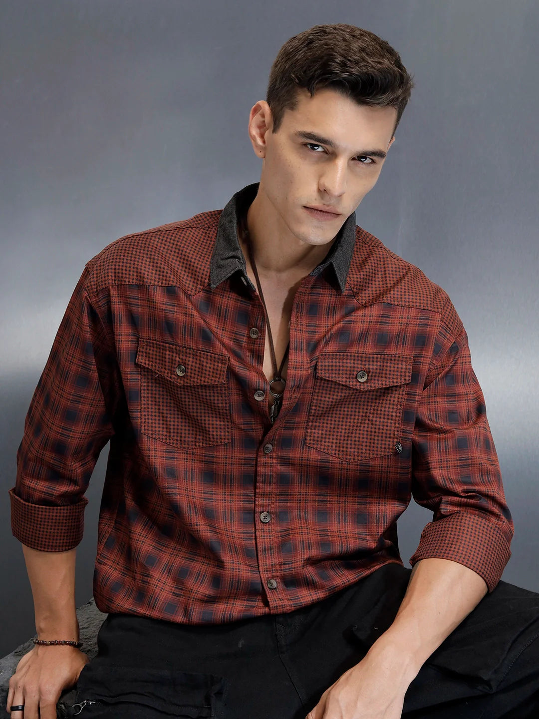 Men's Casual Oversized Fit Checkered Pattern Shirt | Brown