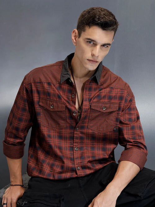 Men's Casual Oversized Fit Checkered Pattern Shirt | Brown