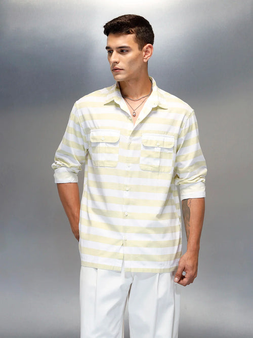 Men's Casual Regular Fit Striped Pattern Shirt | Green