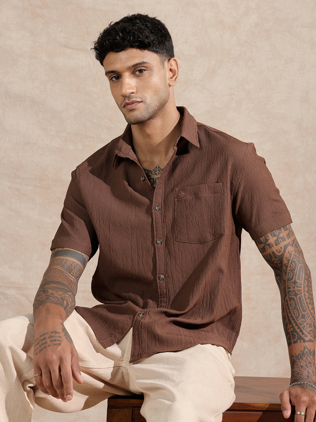 Textured Comfort Fit Shirt | Dark Khakhi