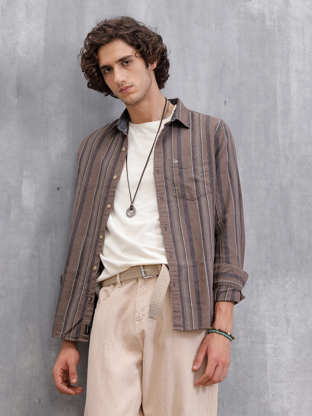 Textured Stripes Slim Fit Shirt | Brown