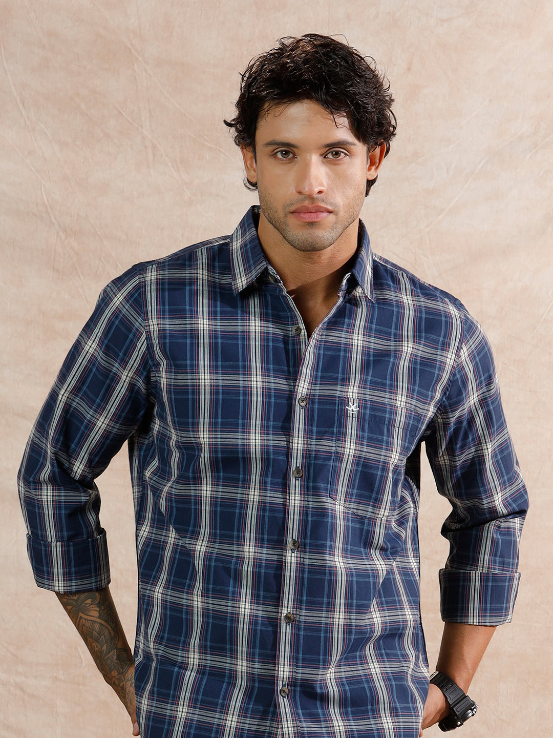 Variegated Checks Regular Fit Shirt  | Navy Blue
