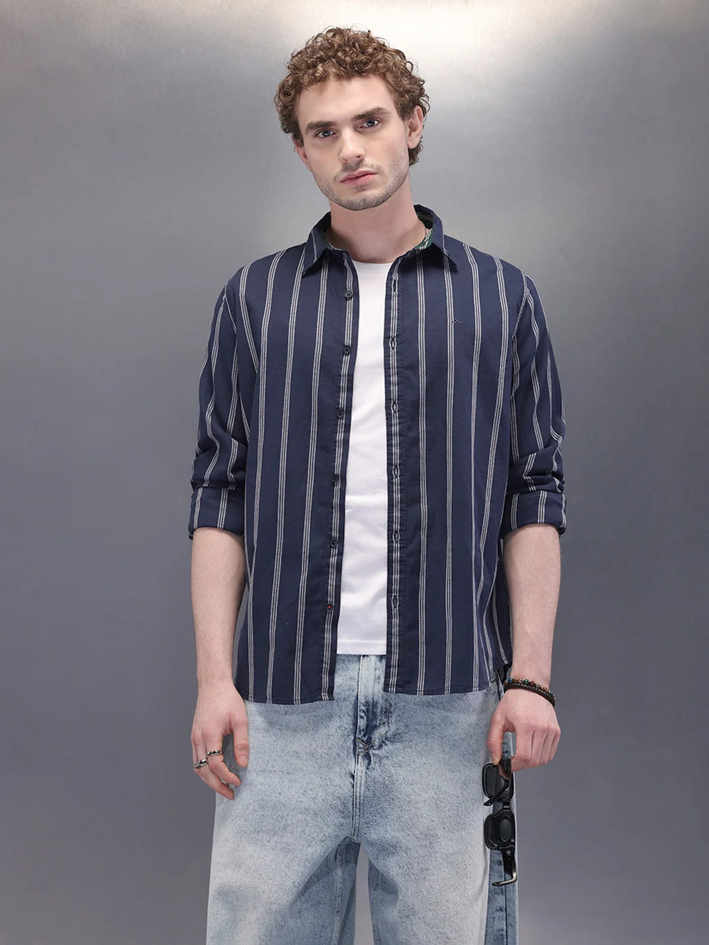 Textured Stripes Open Dobby Shirt | Navy Blue