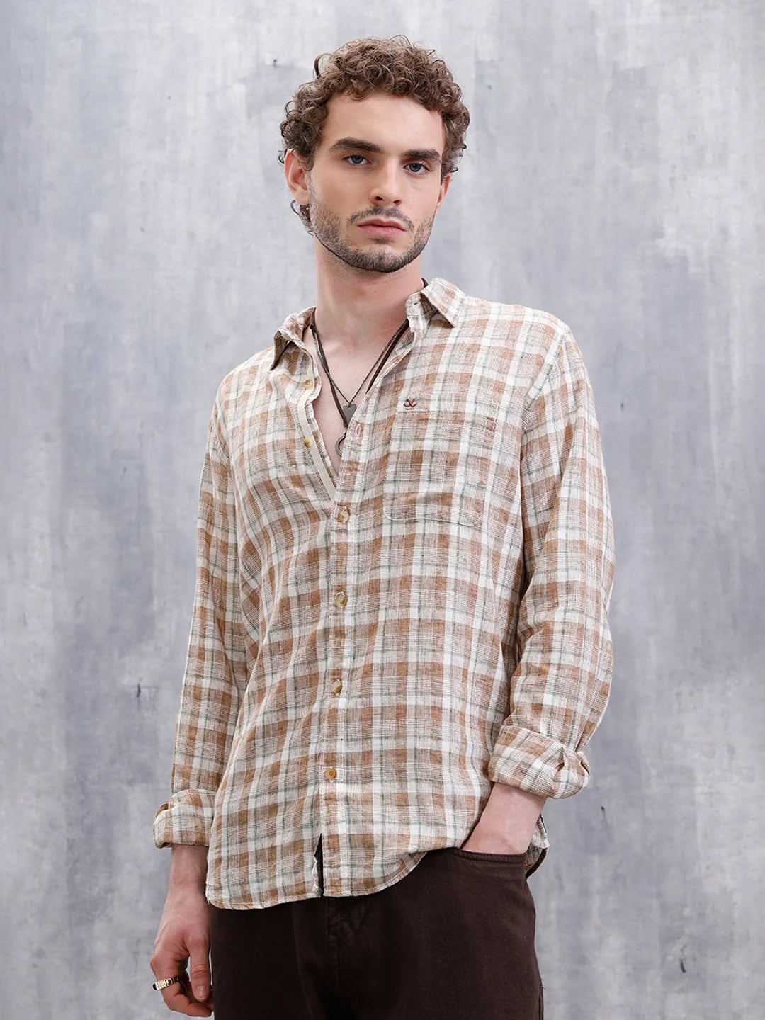 Checked Linen Blend Shirt  | Khaki